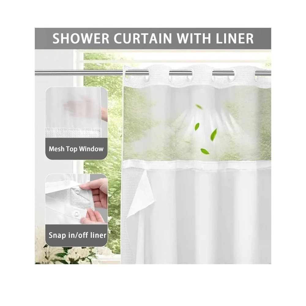 YellyHommy Blue Hookless Shower Curtain with Snap-in Liner 72x87 Waffle Weave